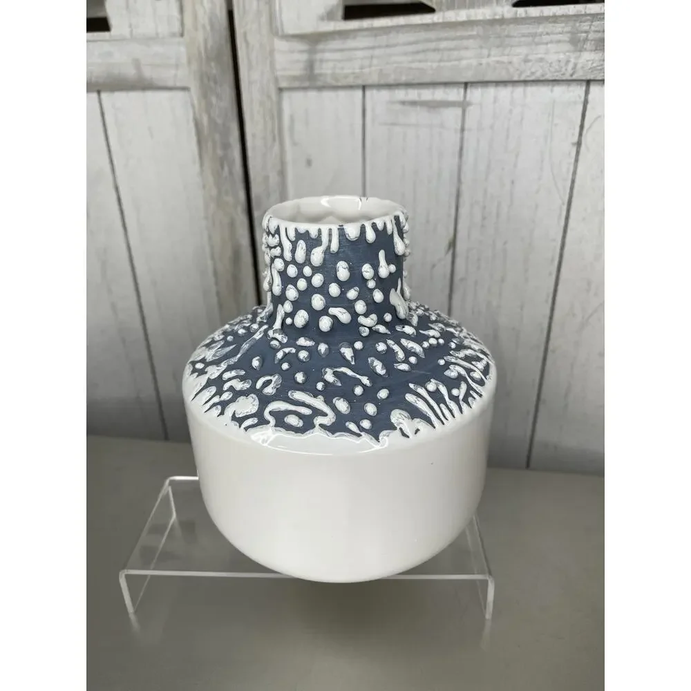 Crate & Barrel White and Blue Textured Drip Ceramic Vase Nautical Decor Portugal